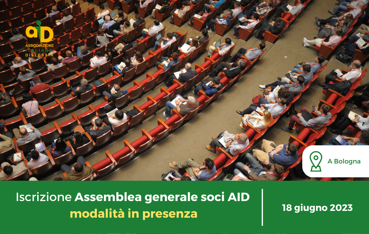 modulo di registrazione per i soci AID che intendono a partecipare in presenza, a Bologna, all'assemblea generale dei soci AID, che si svolgerà domenica 18 giugno 2023, a partire dalle ore 09.00.